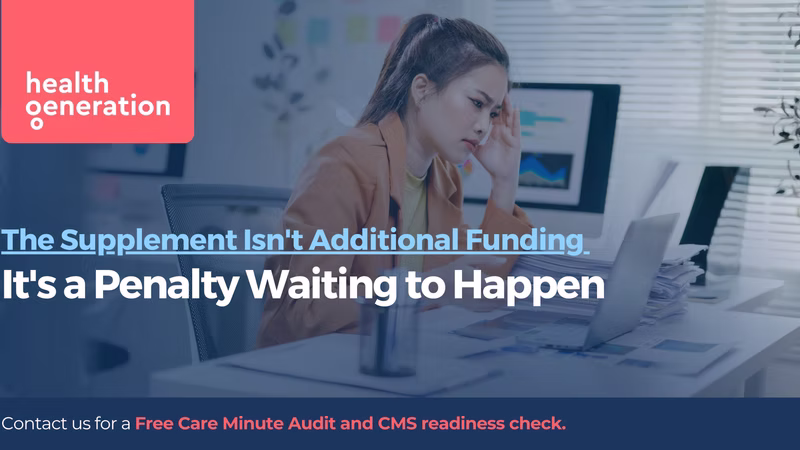 A worried woman sitting in front of a computer surrounded by paperwork about the Care Minute Supplement penalty.